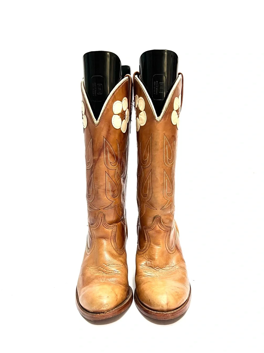 Vintage 1990s women's tan leather floral appliqué heeled cowboy boots - Picture 2 of 9